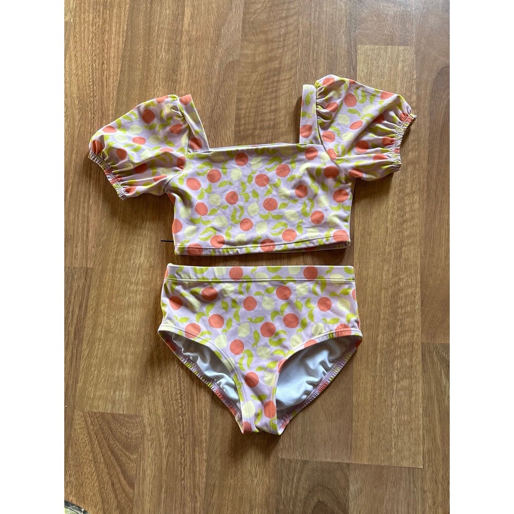 HANNA ANDERSSON Girls Peach lemon fruits Print Puff Sleeve Bikini Swimsuit